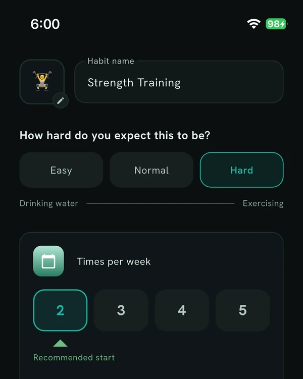 Creating a strength training habit: rate how hard it will be, and get a recommended starting frequency